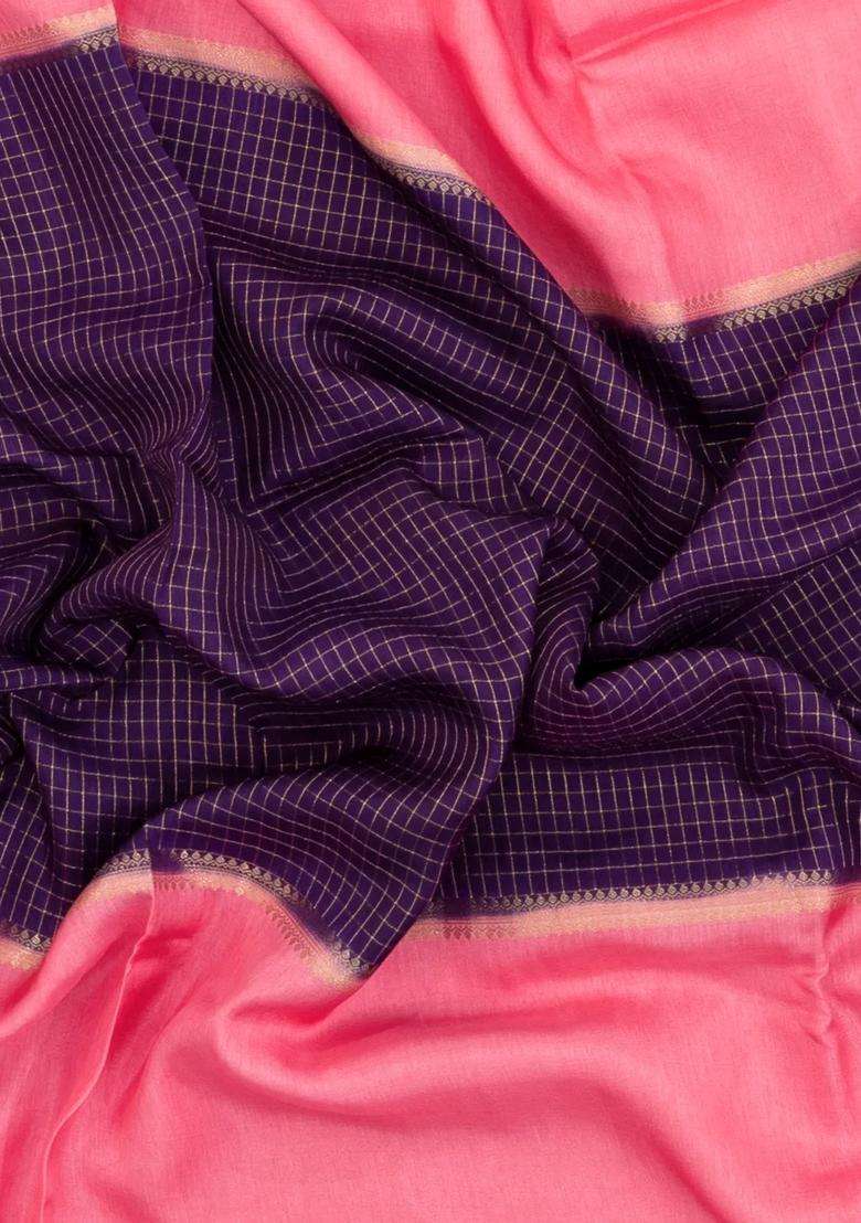 Purple Woven Blended Viscose Art Silk Saree With Contrast Border With Checks And Stripes Design For Women - Indya