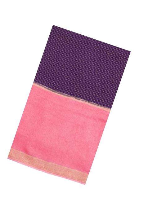 Purple Woven Blended Viscose Art Silk Saree With Contrast Border With Checks And Stripes Design For Women