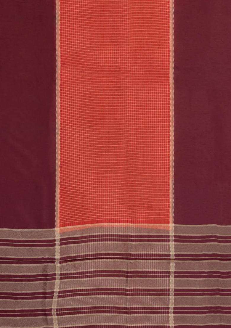 Red Woven Blended Viscose Art Silk Saree With Contrast Border With Checks And Stripes Design For Women - Indya