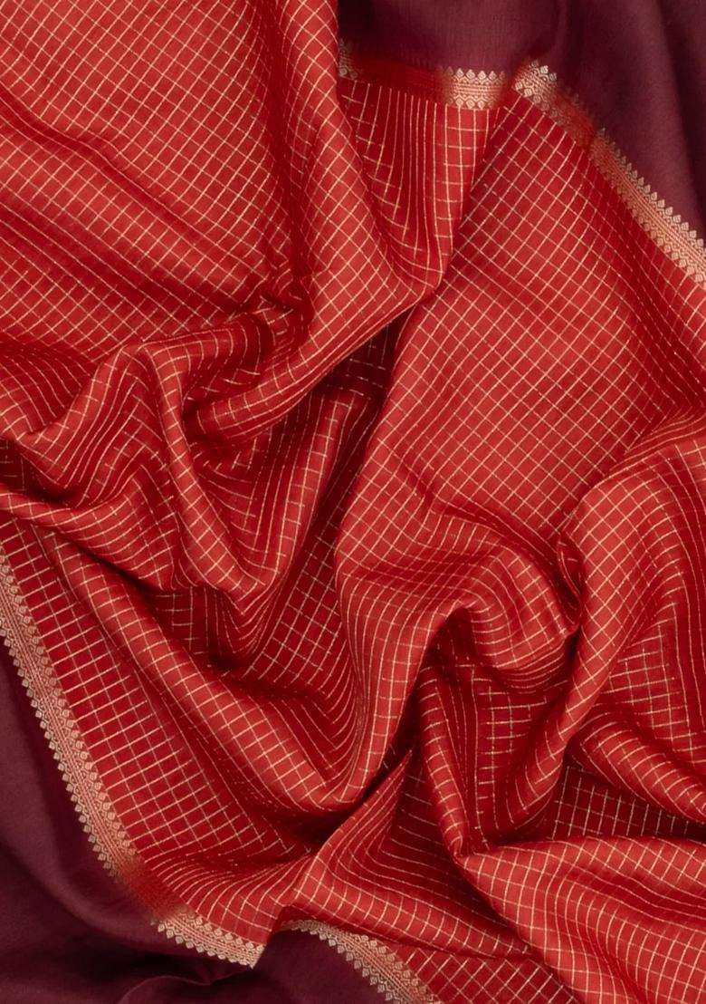 Red Woven Blended Viscose Art Silk Saree With Contrast Border With Checks And Stripes Design For Women - Indya