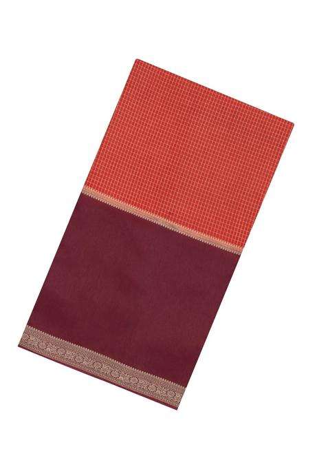 Red Woven Blended Viscose Art Silk Saree With Contrast Border With Checks And Stripes Design For Women