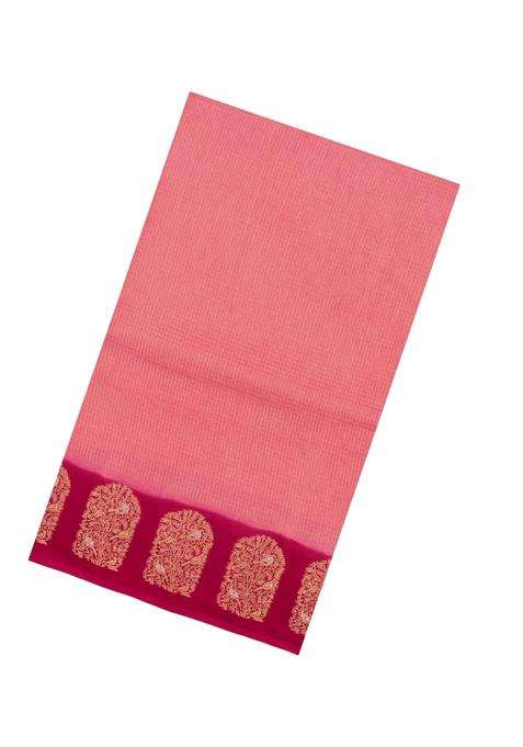 Peach Woven Blended Viscose Art Silk Saree With Zari Checks With Checks And Stripes Design For Women