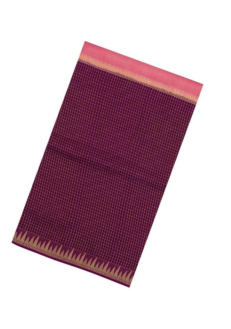 Peach Maroon Woven Blended Viscose Half Half Art Silk Saree With Checks And Stripes Design For Women - Indya