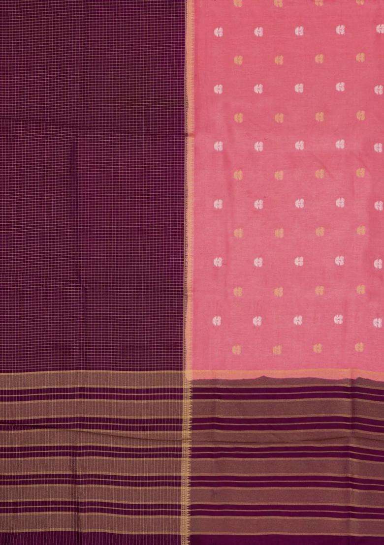 Peach Maroon Woven Blended Viscose Half Half Art Silk Saree With Checks And Stripes Design For Women - Indya