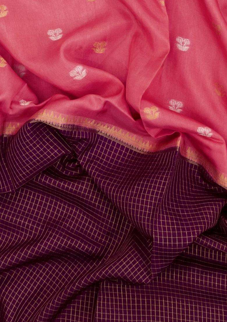 Peach Maroon Woven Blended Viscose Half Half Art Silk Saree With Checks And Stripes Design For Women - Indya