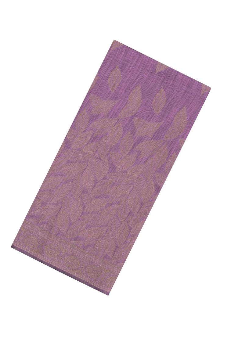 Lilac Woven Art Linen Saree With Leafy Motifs With Buttas And Brocade Design For Women - Indya