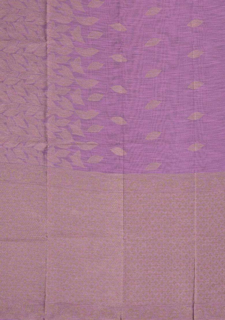 Lilac Woven Art Linen Saree With Leafy Motifs With Buttas And Brocade Design For Women - Indya
