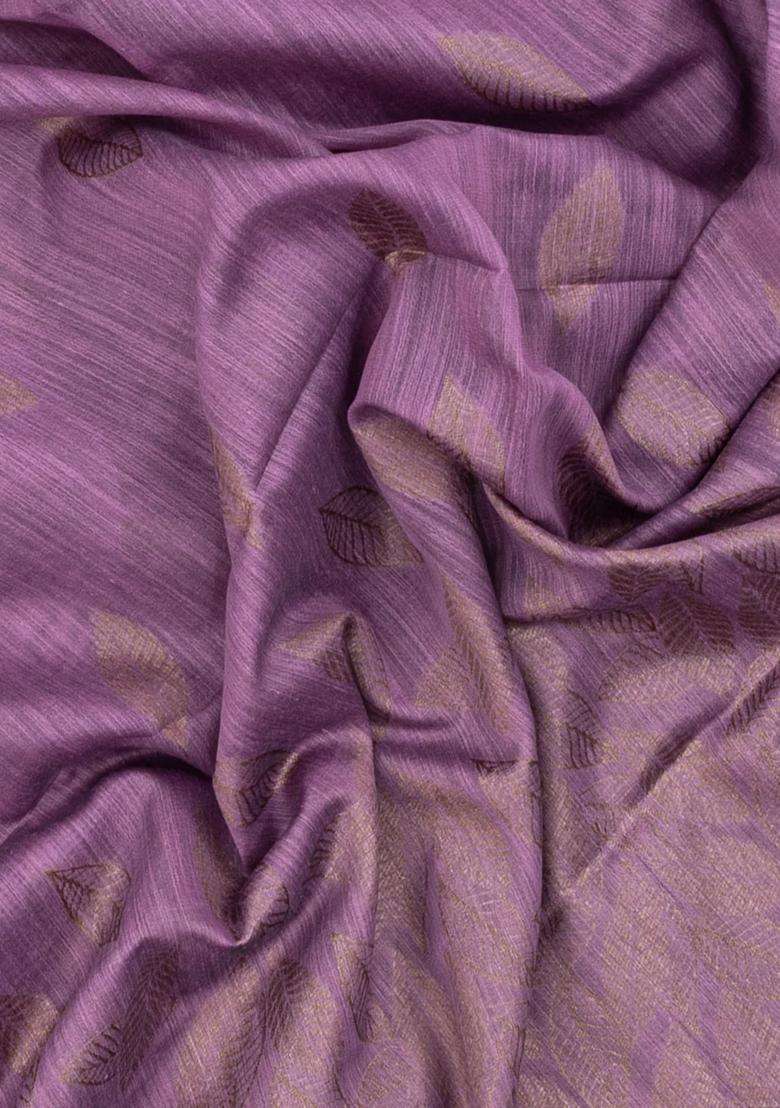 Lilac Woven Art Linen Saree With Leafy Motifs With Buttas And Brocade Design For Women - Indya