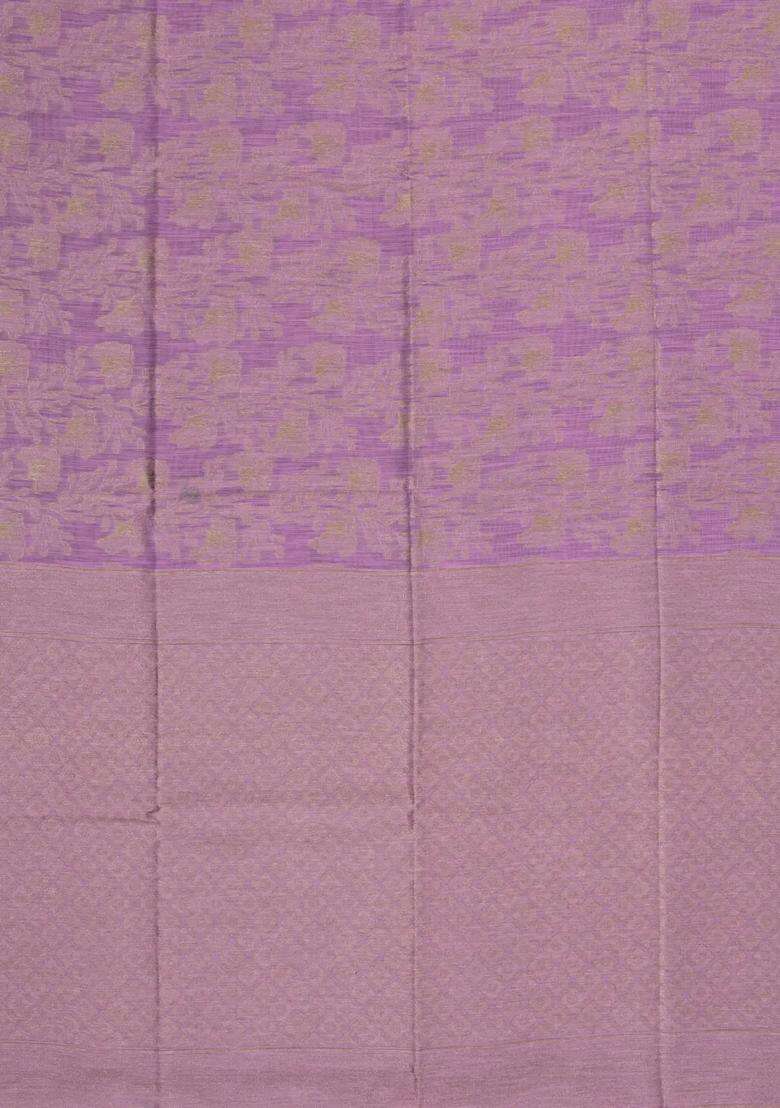 Lilac Woven Art Linen Saree With Floral Motifs With Buttas And Brocade Design For Women - Indya