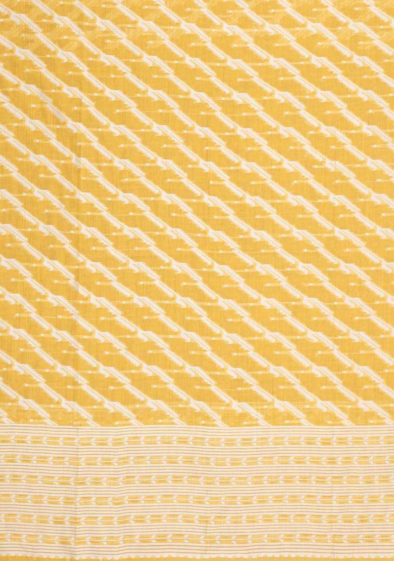 Yellow Woven Art Linen Saree With Floral Motifs With Buttas And Brocade Design For Women - Indya