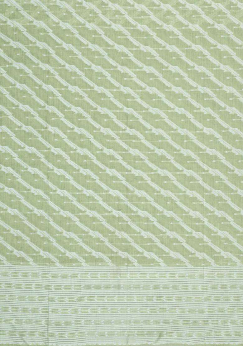 Light Green Woven Art Linen Saree With Floral Motifs With Buttas And Brocade Design For Women - Indya