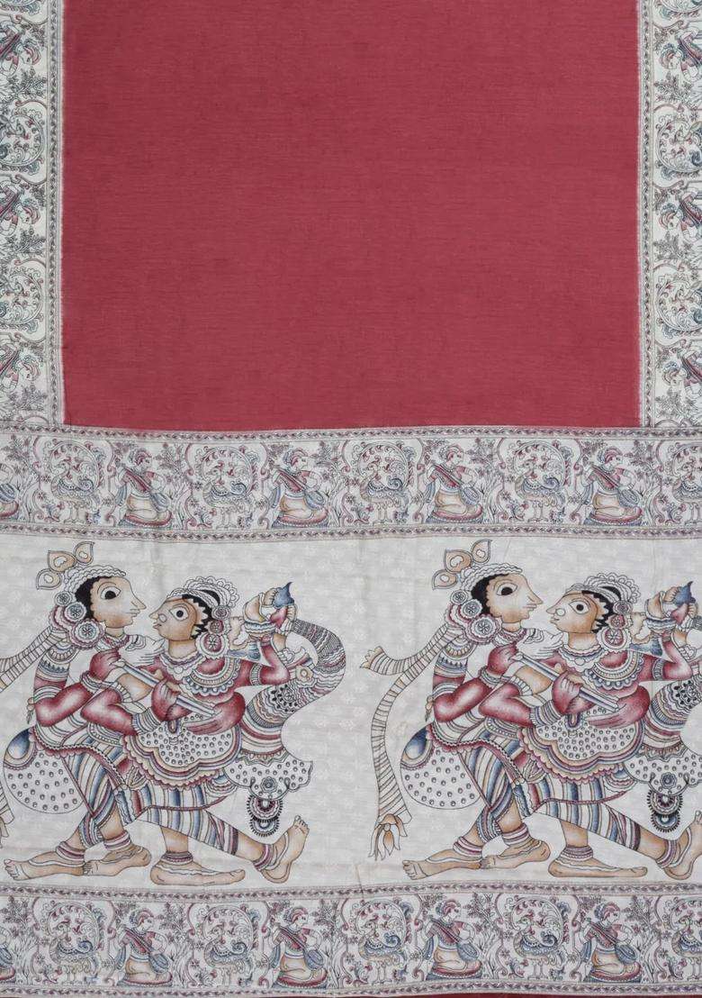 Crimson Printed Blended Cotton Saree With Zari Border For Women - Indya