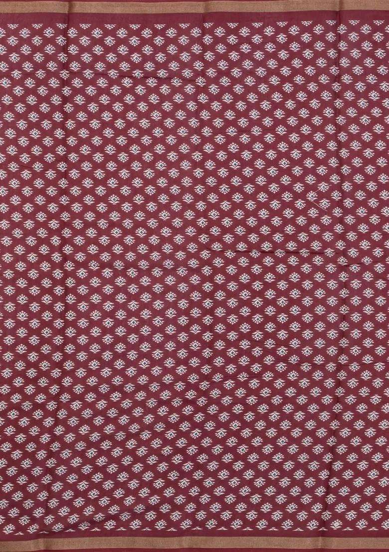 Crimson Printed Blended Cotton Saree With Zari Border For Women - Indya