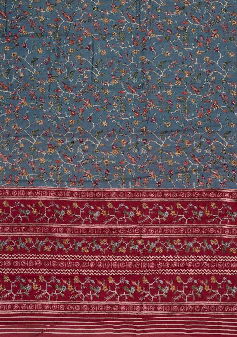 Dark Grey Printed Blended Cotton Saree With Zari Border For Women - Indya