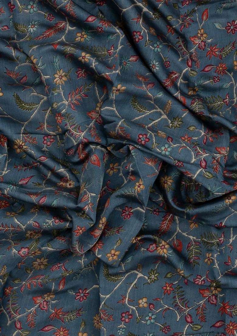 Dark Grey Printed Blended Cotton Saree With Zari Border For Women - Indya