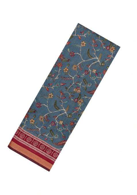 Dark Grey Printed Blended Cotton Saree With Zari Border For Women