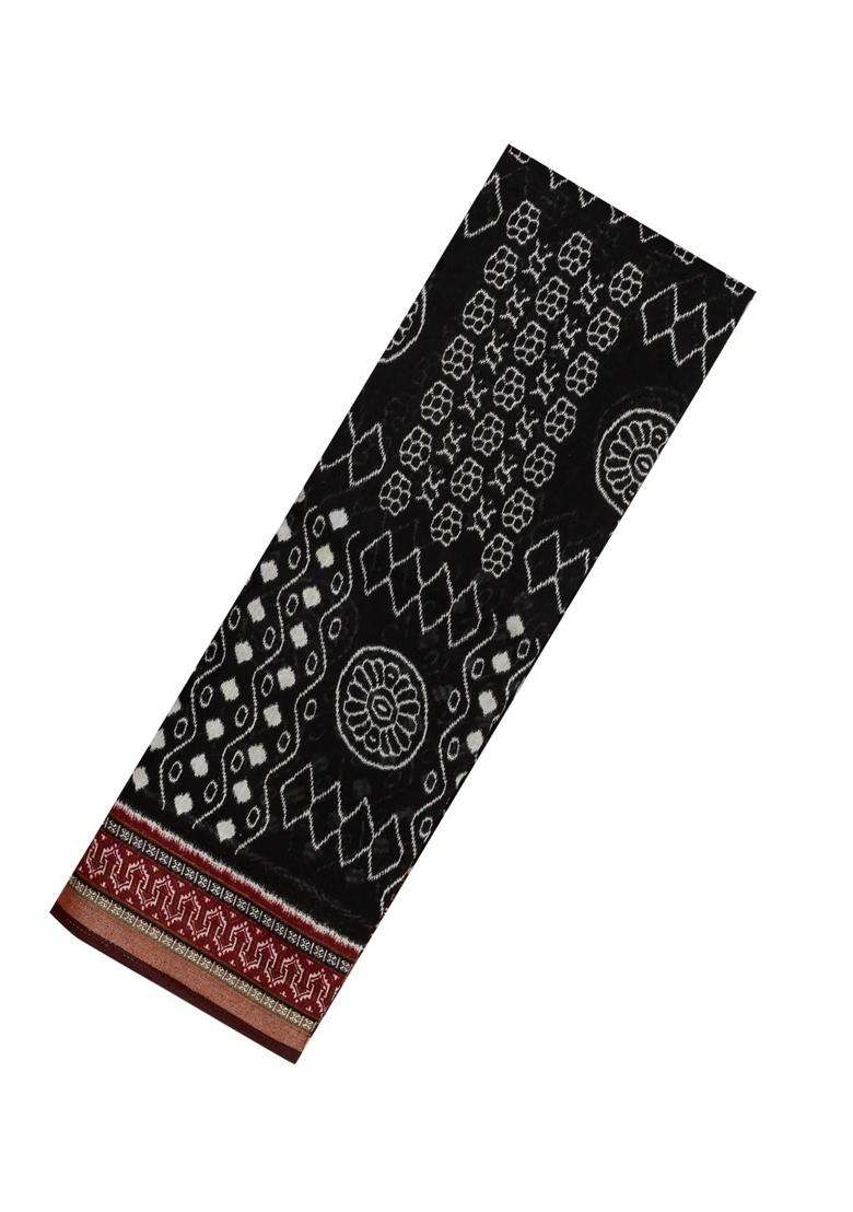 Black Printed Blended Cotton Saree With Zari Border For Women - Indya