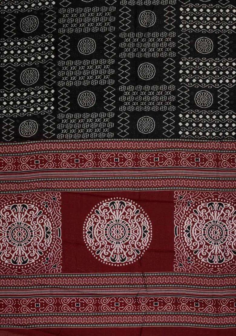 Black Printed Blended Cotton Saree With Zari Border For Women - Indya