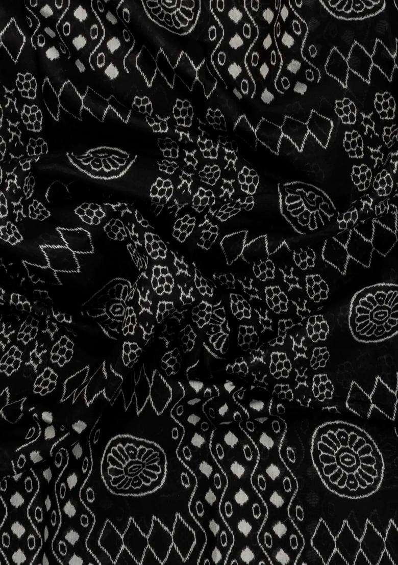 Black Printed Blended Cotton Saree With Zari Border For Women - Indya