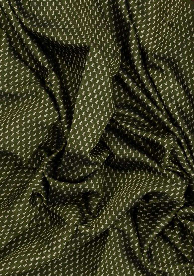 Green Printed Blended Cotton Saree With Zari Border For Women - Indya