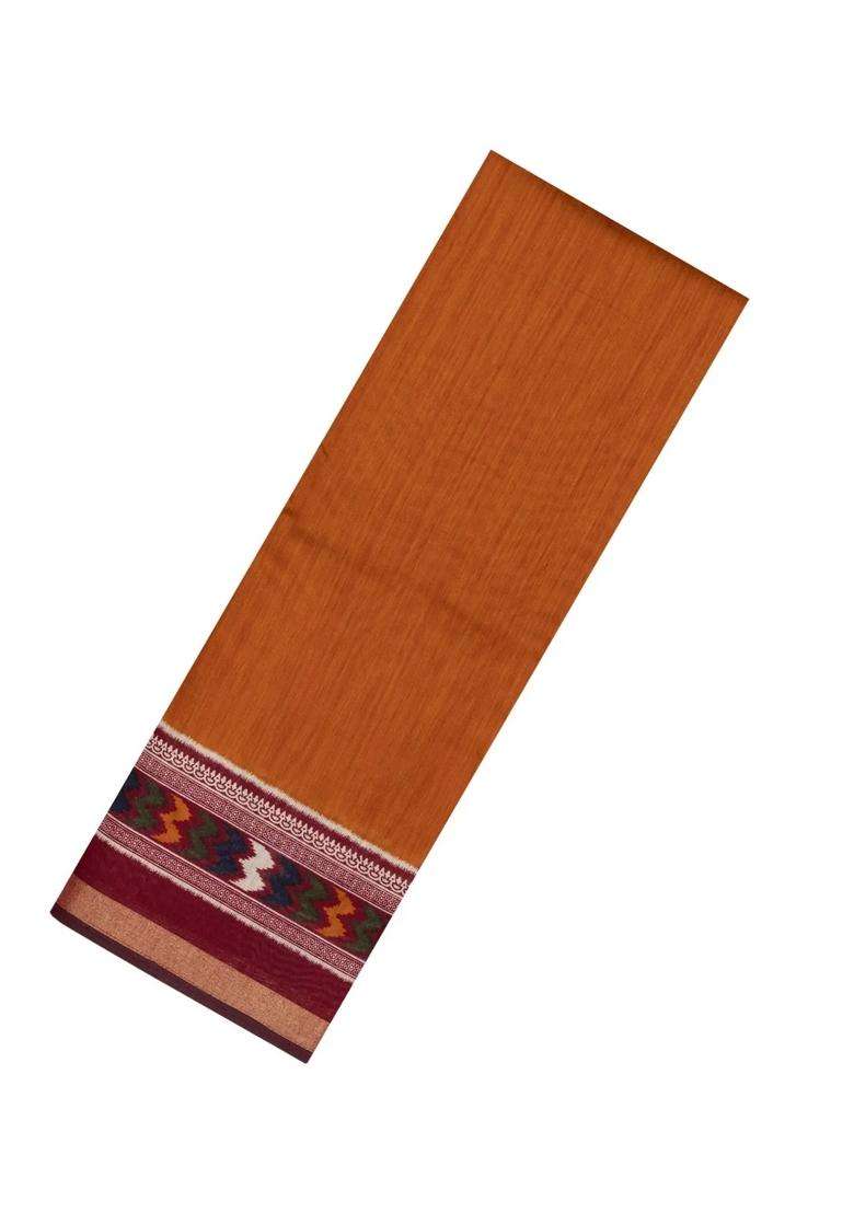 Rust Printed Blended Cotton Saree With Zari Border For Women - Indya