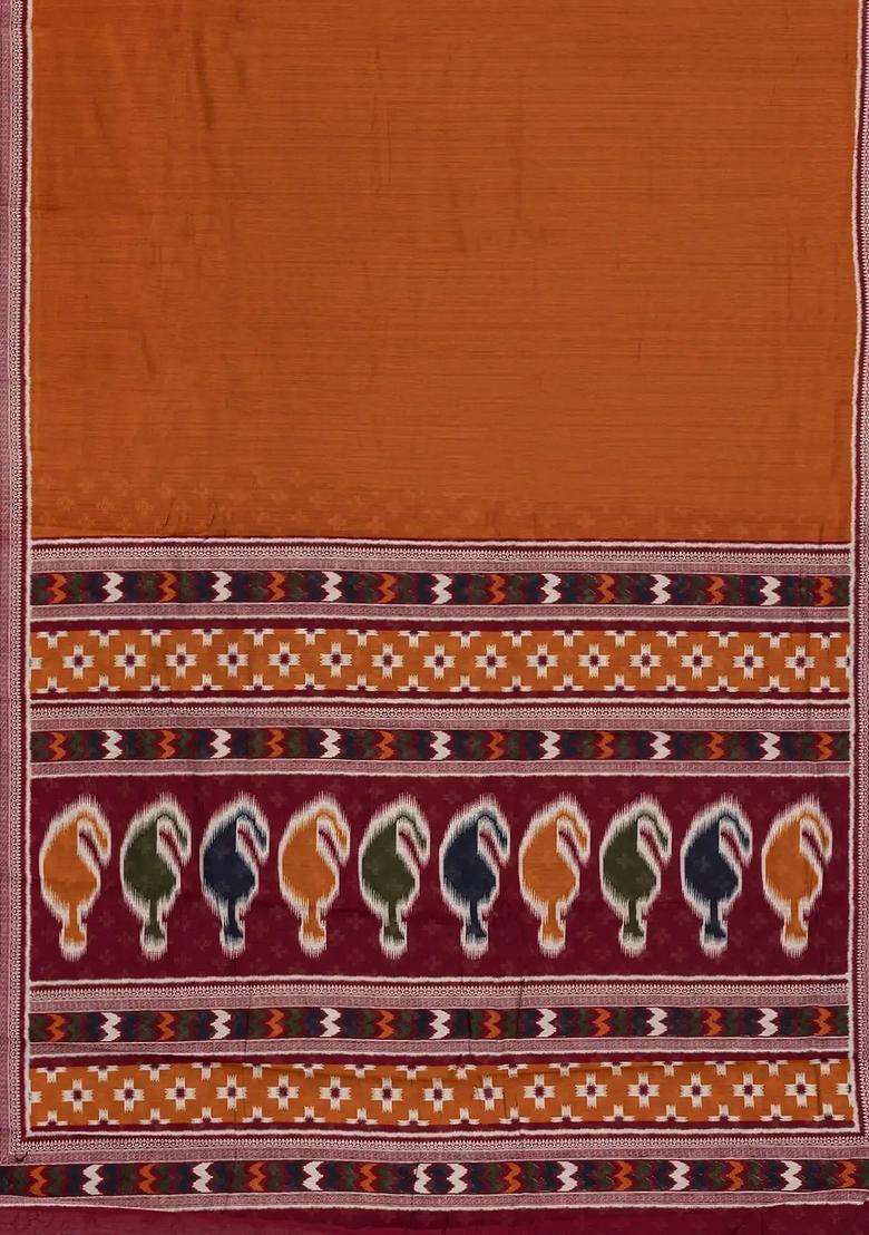Rust Printed Blended Cotton Saree With Zari Border For Women - Indya