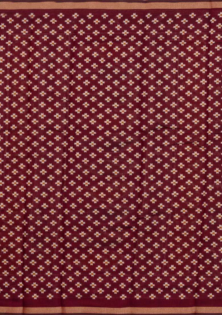 Rust Printed Blended Cotton Saree With Zari Border For Women - Indya