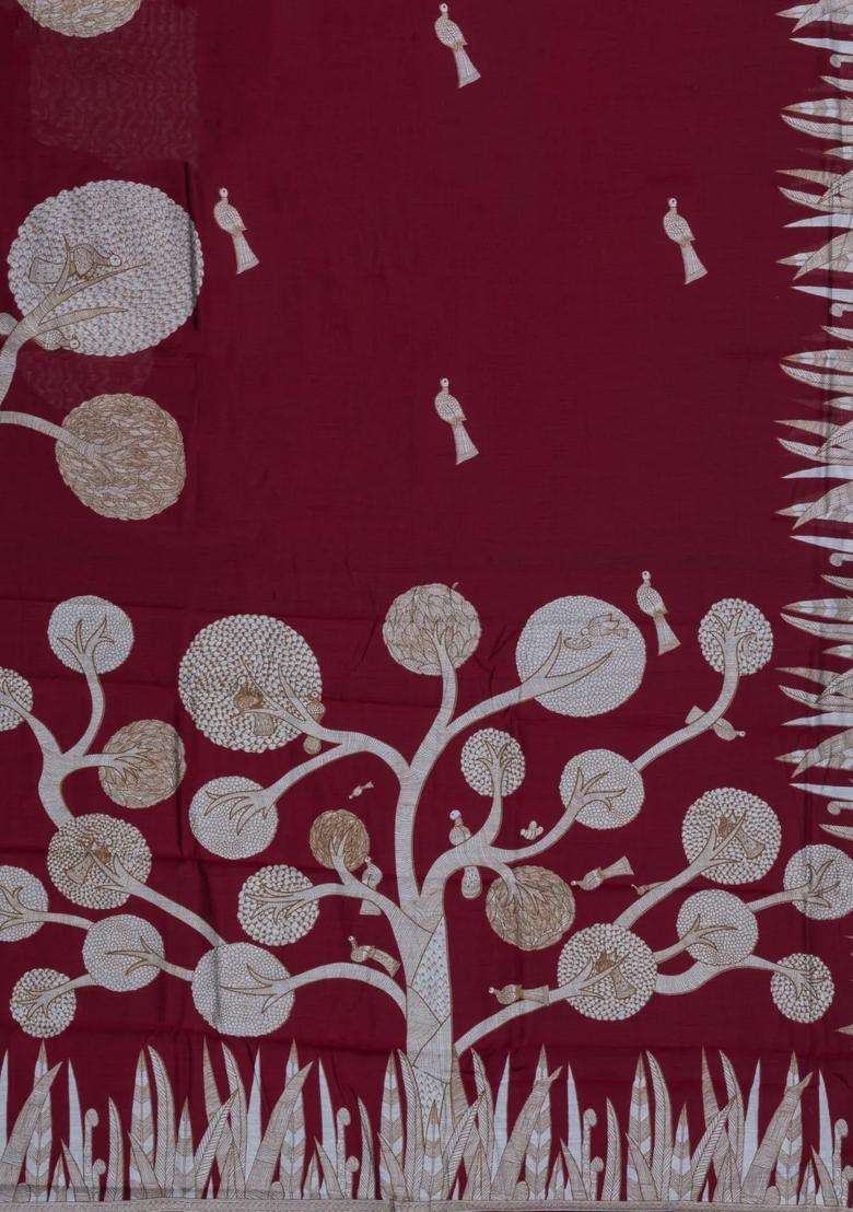 Maroon Printed Blended Cotton Saree With Zari Border For Women - Indya
