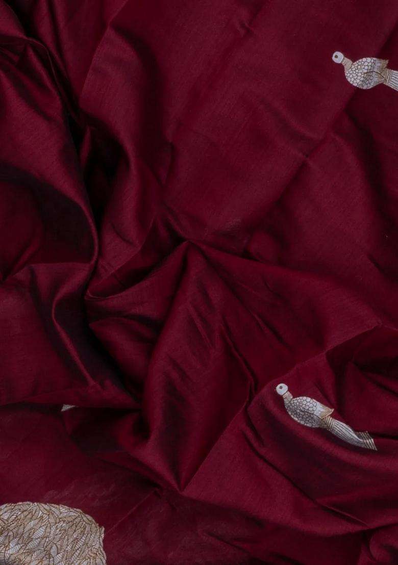 Maroon Printed Blended Cotton Saree With Zari Border For Women - Indya
