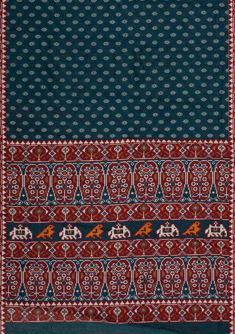 Blue Printed Blended Cotton Saree With Zari Border For Women - Indya