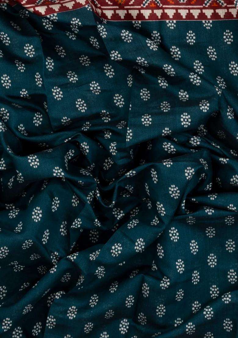 Blue Printed Blended Cotton Saree With Zari Border For Women - Indya