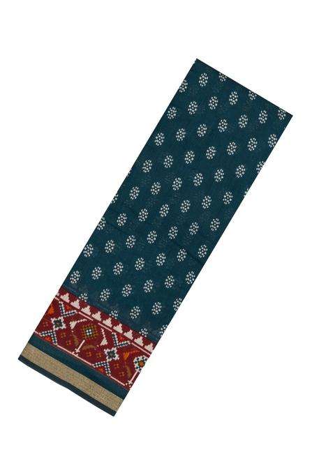 Blue Printed Blended Cotton Saree With Zari Border For Women