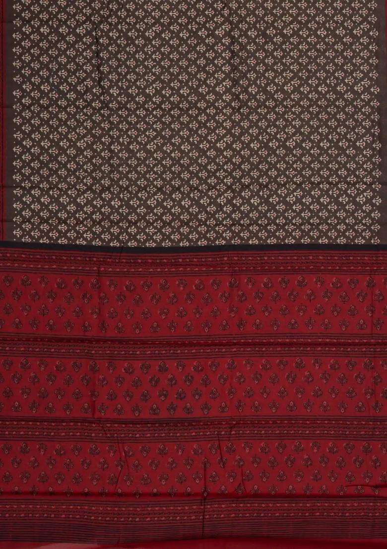 Black Printed Blended Cotton Saree With Zari Border For Women - Indya