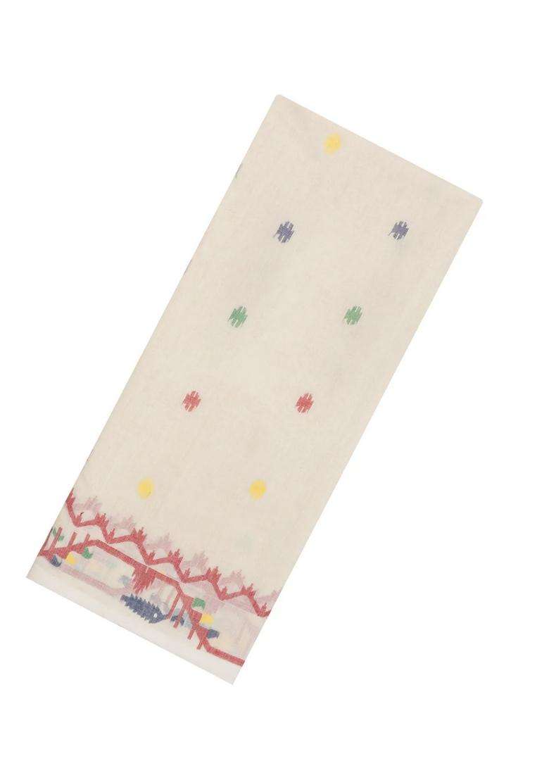 White Handloom Bengal Cotton Saree With Meena Buttas With Buttas And Brocade Design For Women - Indya