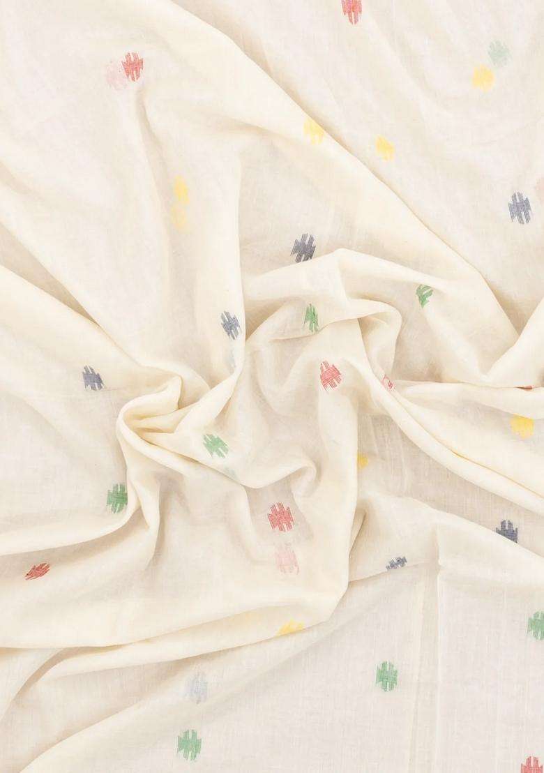 White Handloom Bengal Cotton Saree With Meena Buttas With Buttas And Brocade Design For Women - Indya
