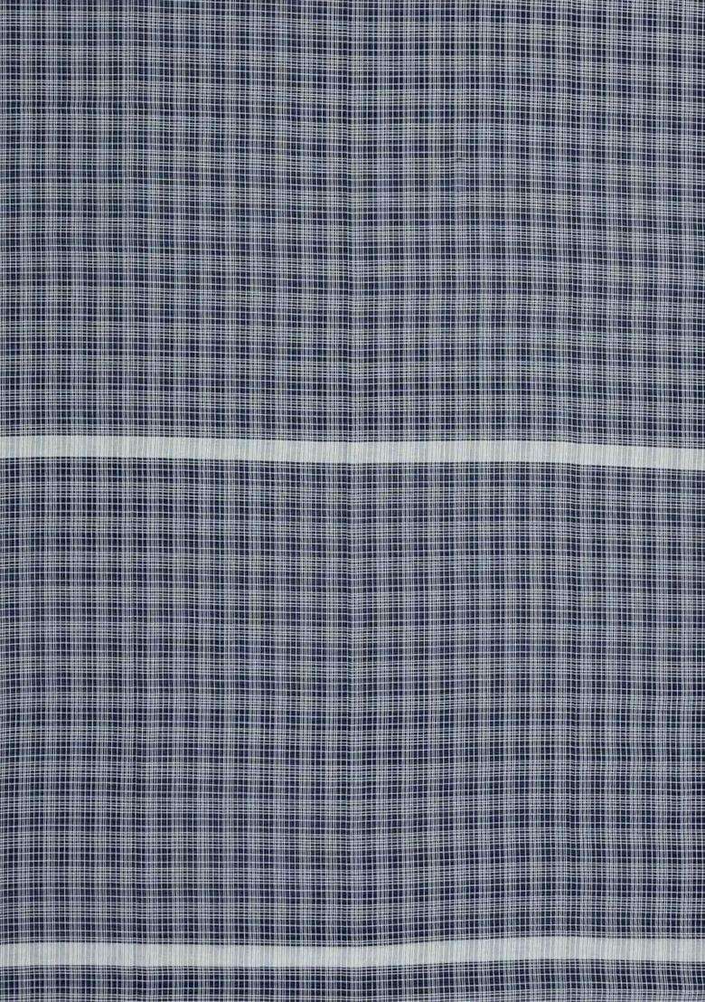 Dark Grey Handloom Bengal Cotton Saree With Checks With Checks And Stripes Design For Women - Indya
