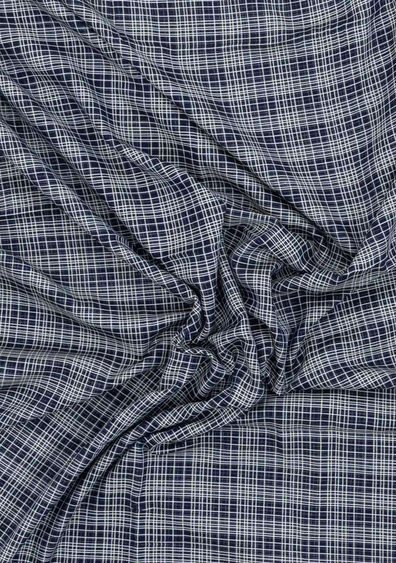 Dark Grey Handloom Bengal Cotton Saree With Checks With Checks And Stripes Design For Women - Indya
