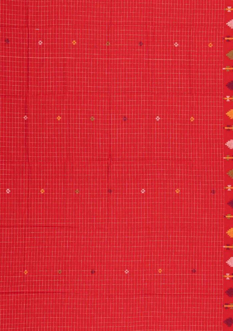 Dark Grey Handloom Bengal Cotton Saree With Checks With Checks And Stripes Design For Women - Indya