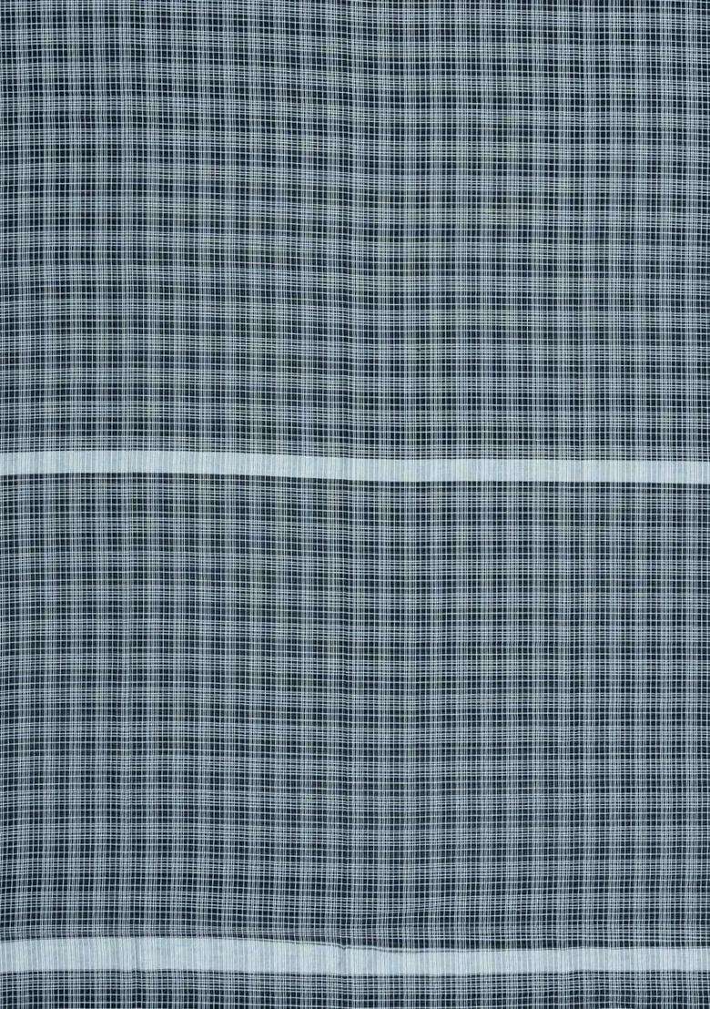 Black Handloom Bengal Cotton Saree With Checks With Checks And Stripes Design For Women - Indya