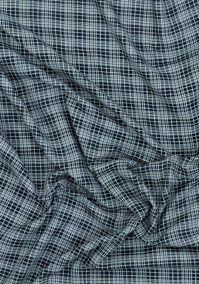 Black Handloom Bengal Cotton Saree With Checks With Checks And Stripes Design For Women - Indya