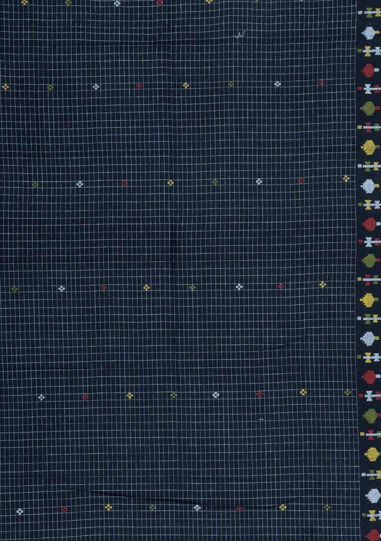 Black Handloom Bengal Cotton Saree With Checks With Checks And Stripes Design For Women - Indya