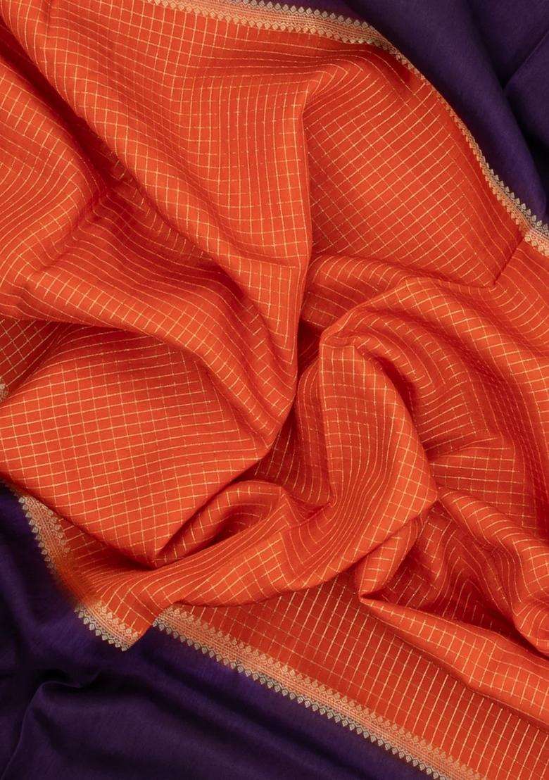 Orange Woven Blended Viscose Art Silk Saree With Zari Checks With Checks And Stripes Design For Women - Indya