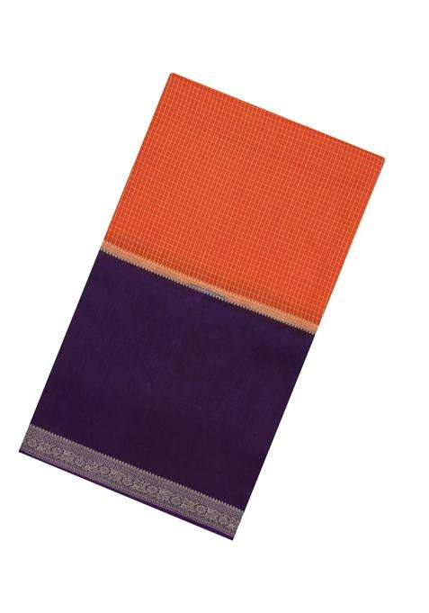 Orange Woven Blended Viscose Art Silk Saree With Zari Checks With Checks And Stripes Design For Women