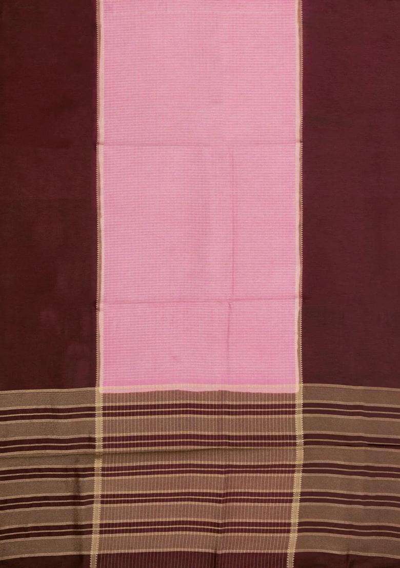 Baby Pink Woven Blended Viscose Art Silk Saree With Zari Checks With Checks And Stripes Design For Women - Indya