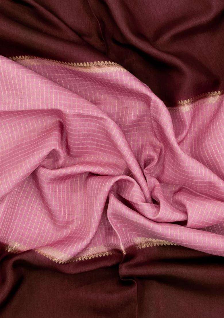 Baby Pink Woven Blended Viscose Art Silk Saree With Zari Checks With Checks And Stripes Design For Women - Indya