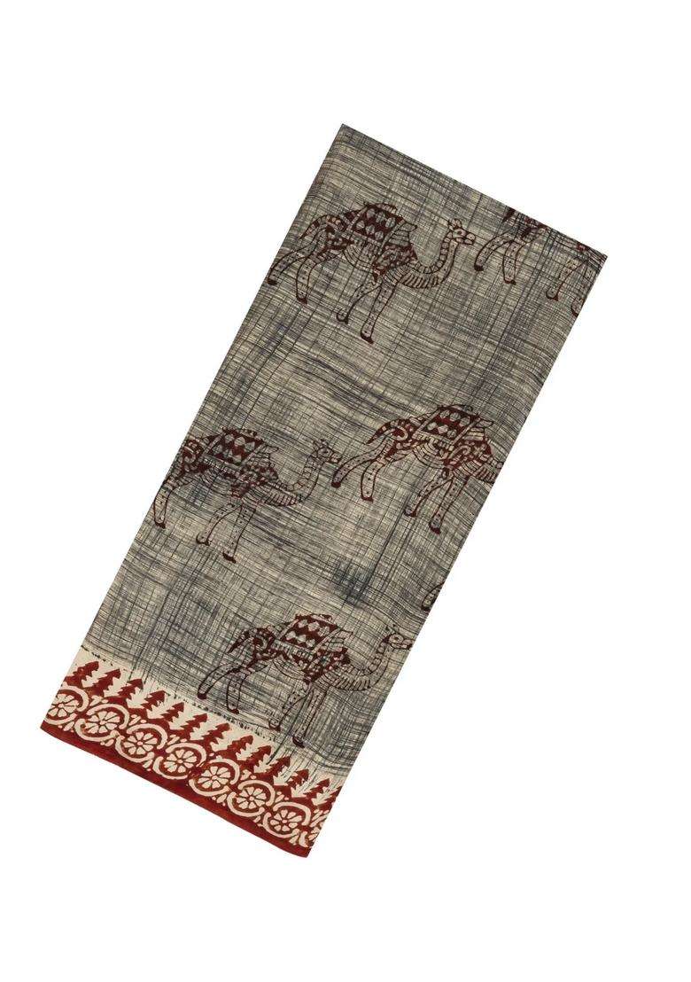 Grey Printed Jaipur Cotton Saree With Camel Motifs For Women - Indya