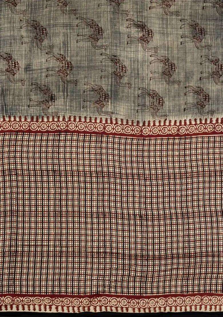 Grey Printed Jaipur Cotton Saree With Camel Motifs For Women - Indya