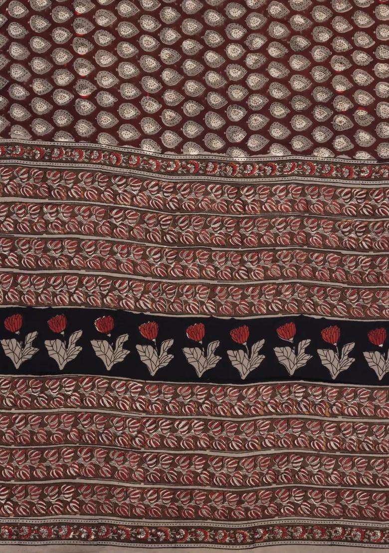 Brown Printed Modal Silk Saree With Floral Motifs For Women - Indya