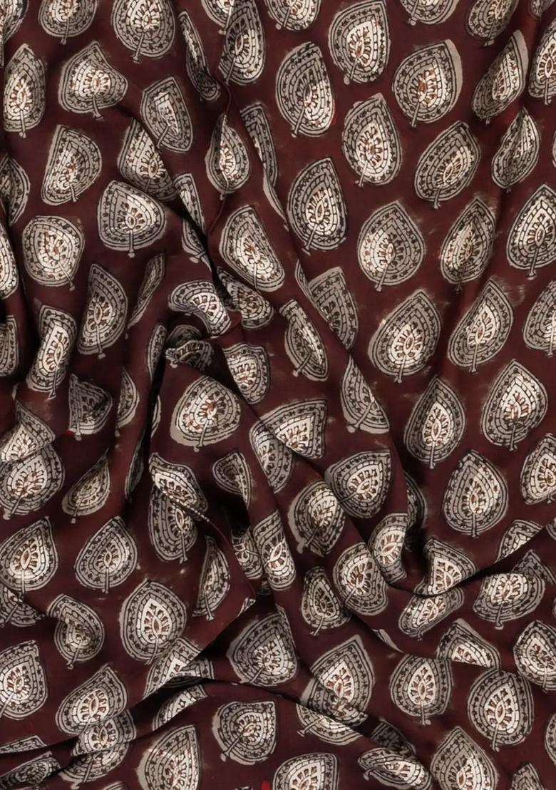 Brown Printed Modal Silk Saree With Floral Motifs For Women - Indya