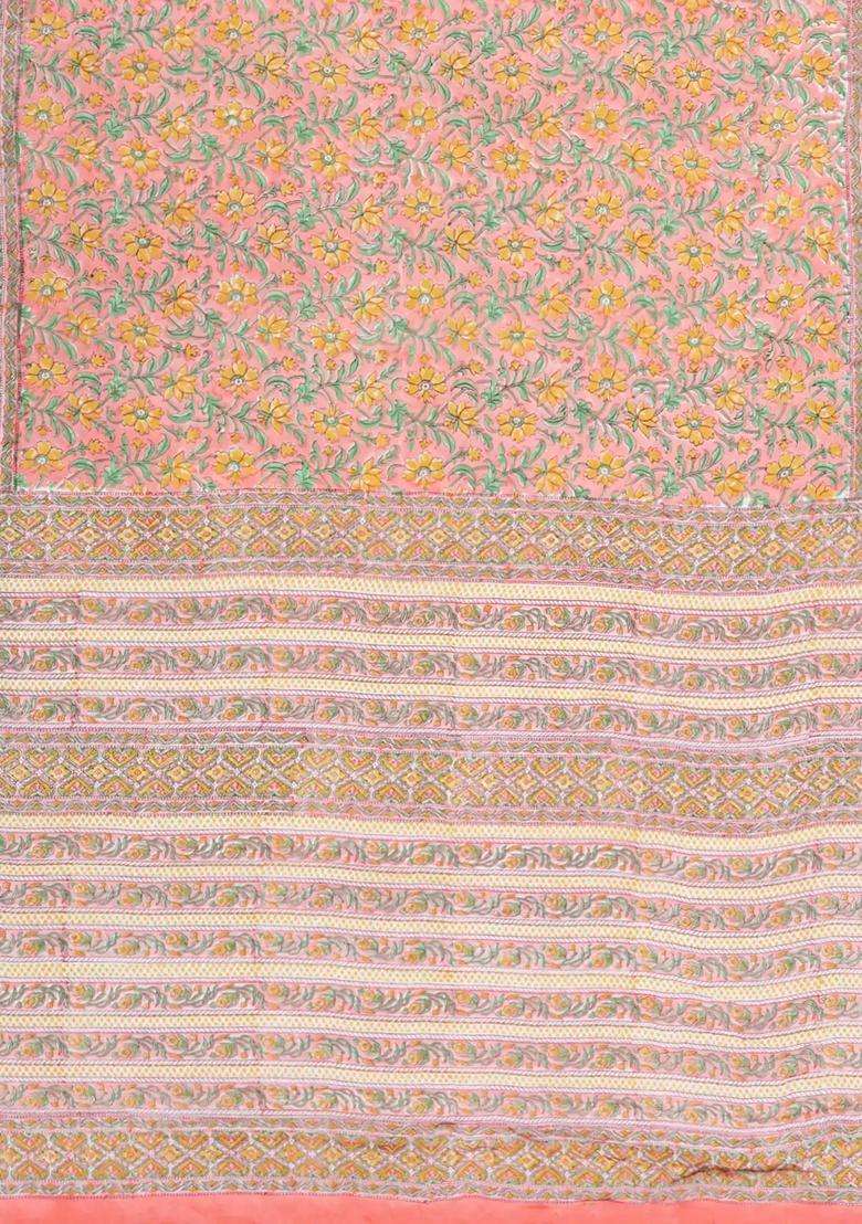 Baby Pink Printed Modal Silk Saree With Floral Motifs For Women - Indya